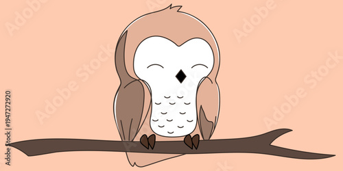 Cute minimalist owl sitting on a branch. Continuous line art style with pastel brown colors. Vector illustration for nursery decor, wisdom concept or autumn theme