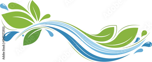 Eco friendly water conservation logo with green leaves and blue waves