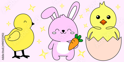 Vector illustration of a yellow chick in a broken eggshell and a cute bunny with a carrot. Perfect for children's stories, cartoons, farm animal illustrations, or educational creative projects