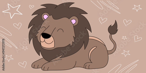 A cartoon lion sits facing forward, with a brown mane, closed eyes, and a kind smile. His tail is curled to the side
