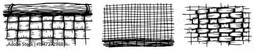 Texture patterns showing woven wicker net and brick masonry in hand drawn line art style