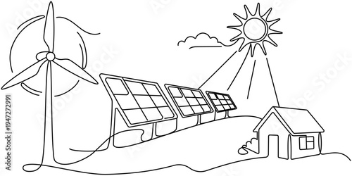 Renewable energy and ecology concept. Set of single-line drawings: solar panels, wind turbines, etc. Renewable solar and wind energy concept. Editable vector line drawing