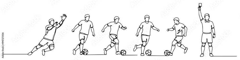 Fototapeta premium Soccer players and referee actions sequence continuous one line drawing style