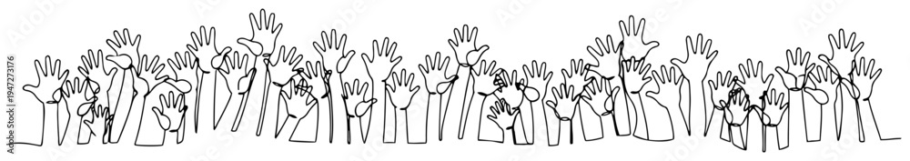 Fototapeta premium Crowd of people with raised hands in continuous line drawing style