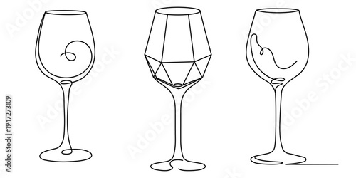 A single line drawing of three different wine glasses, linear style, isolated on a white background. Vector illustration