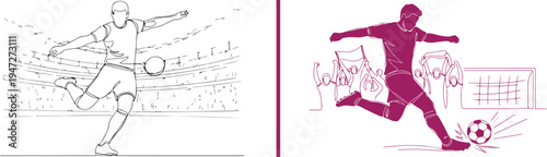 Pink and black line art vector of a soccer player kicking a ball in a stadium. Features a detailed athlete silhouette, a cheering crowd, and a goal, capturing a high-energy match moment.