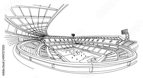 Soccer stadium interior with stands and pitch continuous one line drawing style