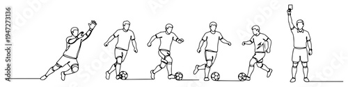 Soccer players and referee actions sequence continuous one line drawing style