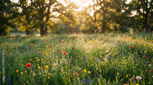 Bright seasonal spring landscape featuring wildflowers fresh grass golden sunlight soft breeze and tranquil natural background composition