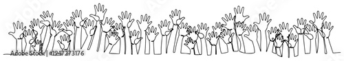 Crowd of people with raised hands in continuous line drawing style
