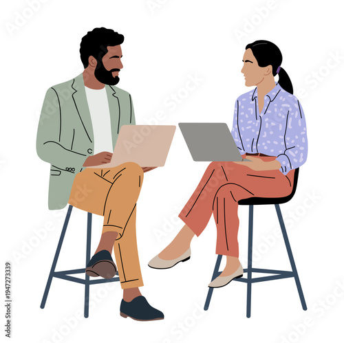 Two professionals sit on stools, each using a laptop. They face each other, engaged in focused conversation. Soft colors and clean lines give a calm, modern vibe. Ideal for business meetings