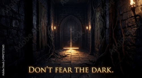 Warm golden light spilling from under an iron door at the end of a dark hallway, illustrating that rewards lie on the other side of fear.