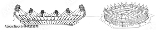 Modern sports stadium and arena architecture in continuous line art style