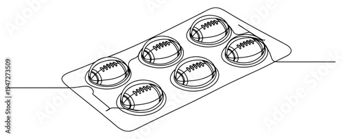 Blister pack of medicine pills shaped like American footballs in continuous line art style