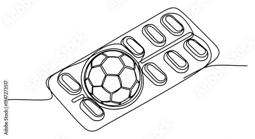 Medication blister pack with soccer ball and pills in continuous line art style