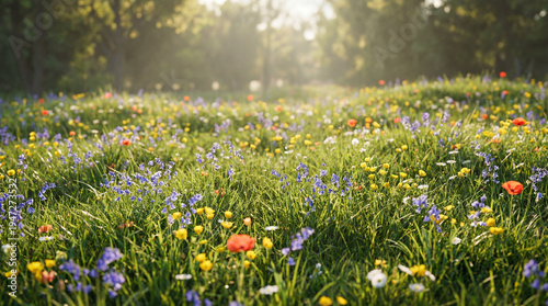 Ultra realistic 4K spring wallpaper showcasing vibrant natural colors with blurred trees and peaceful outdoor meadow scenery