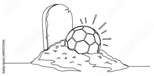 Soccer ball placed on grave with headstone in continuous line art style