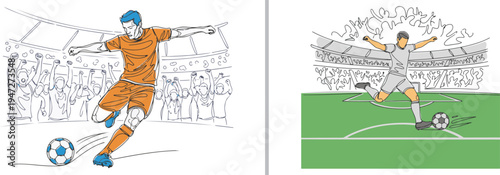 Colorful vector line art of a soccer player in an orange jersey kicking a ball. Features a green pitch and a cheering stadium crowd, capturing the intensity of a live football match.
