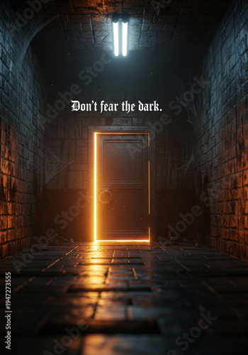 Warm golden light spilling from under an iron door at the end of a dark hallway, illustrating that rewards lie on the other side of fear.