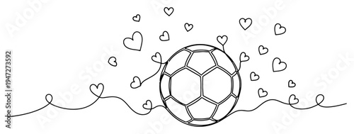 Soccer ball surrounded by floating heart shapes in simple line art style
