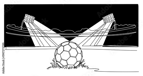 Soccer ball on stadium pitch under floodlights in continuous line art style