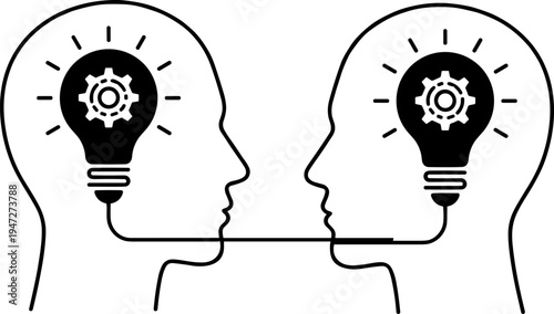 Collaboration and knowledge sharing silhouette vector illustration featuring two human heads with light bulbs and gears symbolizing ideas