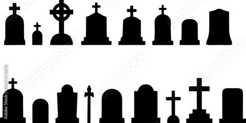 Gravestone silhouette icon set vector illustration featuring diverse tombstone designs with crosses, rounded tops, and decorative elements