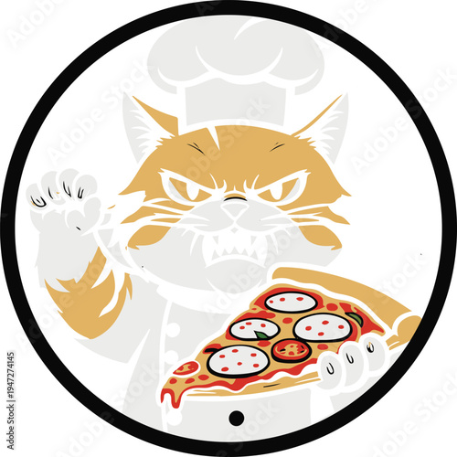Cat chef angrily guarding a pizza slice like treasure, cartoon vector mascot, bold black outline, minimal sticker design, white background 2