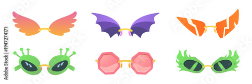 Sunglasses Set Funny Colorful Novelty Costume Glasses With Wings Bat Alien Antenna Flame Frames Party Festival Cosplay Eyewear Vector Illustration Collection Isolated