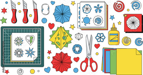 Paper Cutting and DIY Craft Tools Vector Set Featuring Craft Knives Cutting Mat Scissors Glue Colored Paper Origami Shapes and Creative Scrap Art Elements