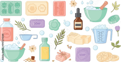 Handmade Soap Making Craft Supplies Vector Set Featuring Soap Bars Silicone Molds Essential Oils Mixing Bowls Herbs and Natural Skincare Elements