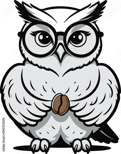 Owl philosopher thinking deeply while holding a single coffee bean, minimal vector sticker style, bold black outline, white background