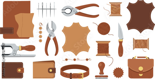 Leather Crafting Tools and Handmade Accessories Vector Set Featuring Leather Sheets Stitching Needles Thread Spools Pliers Wallet Belt and Artisan Workshop Elements
