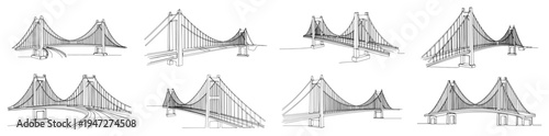 Suspension bridge engineering designs with cables and pillars seen from different angles in minimalist continuous line art style