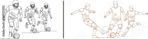 Brown line art vector showcasing soccer and American football players in action. Highlights athletes in protective gear and jerseys dribbling, running, and kicking the ball with dynamic energy.