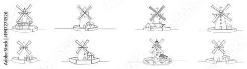 Traditional windmills collection showing various european rural architectural styles in minimalist continuous line art style