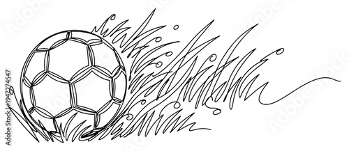 Soccer ball on grass field in continuous line drawing style