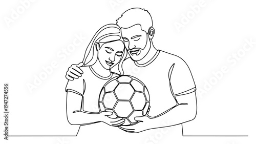 Couple holding soccer ball together in continuous line drawing style