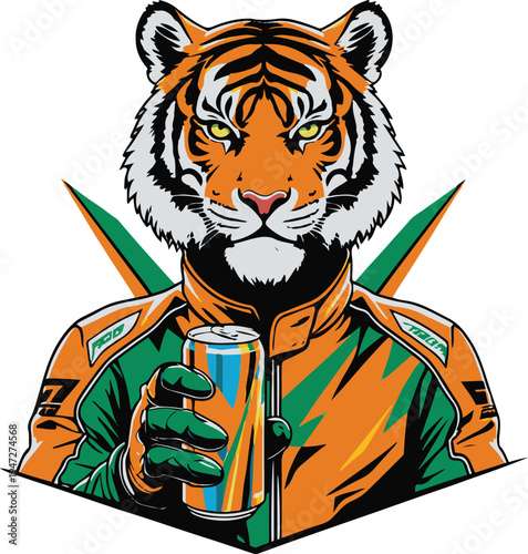  Tiger street racer drinking energy drink before race, minimal vector mascot, bold thick black outline, white background 2