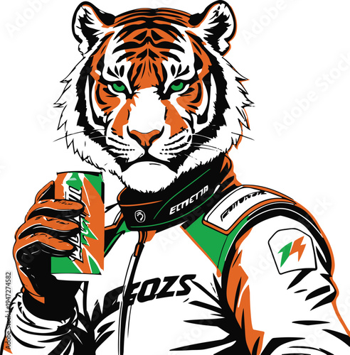 Tiger street racer drinking energy drink before race, minimal vector mascot, bold thick black outline, white background