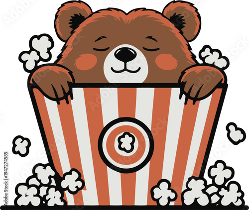 Bear movie watcher buried under giant popcorn bucket, minimal vector sticker design, bold black outline, white background 1