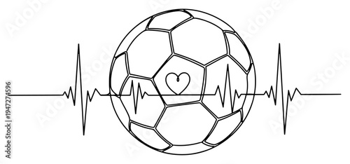 Soccer ball with heart symbol on heartbeat pulse line in minimalist continuous line style