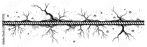 Tree roots growing around underground pipe in hand drawn sketch style