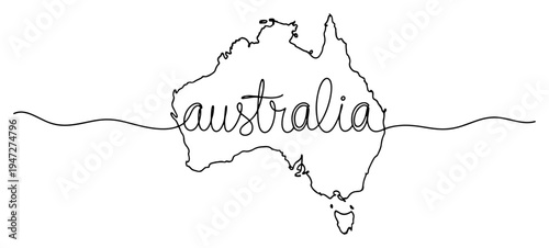 Australia map outline with handwritten name and continuous line in minimalist style