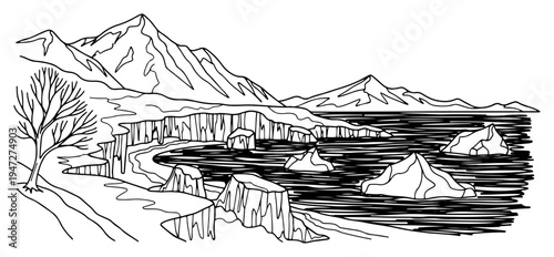 Arctic coast landscape with icebergs in water and snowy mountains with rocky cliffs in fine line drawing style