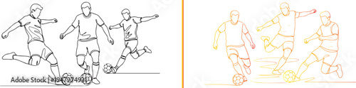 Vibrant vector illustration featuring soccer players in orange, yellow, and black line art. Captures athletes in motion, highlighting skillful dribbling, powerful kicks, and dynamic game action.