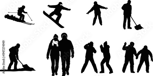 Black winter silhouette vector set featuring people skiing, snowboarding, ice skating, shoveling snow, and walking together in warm clothes for seasonal outdoor holiday designs.