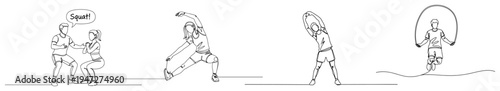 People exercising and training with a personal coach in minimalist line art style