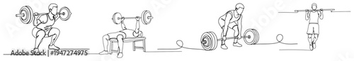 Bodybuilders performing various barbell weightlifting exercises in continuous line art style
