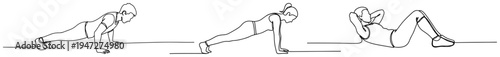 People practicing bodyweight exercises including pushups and crunches in continuous line art style